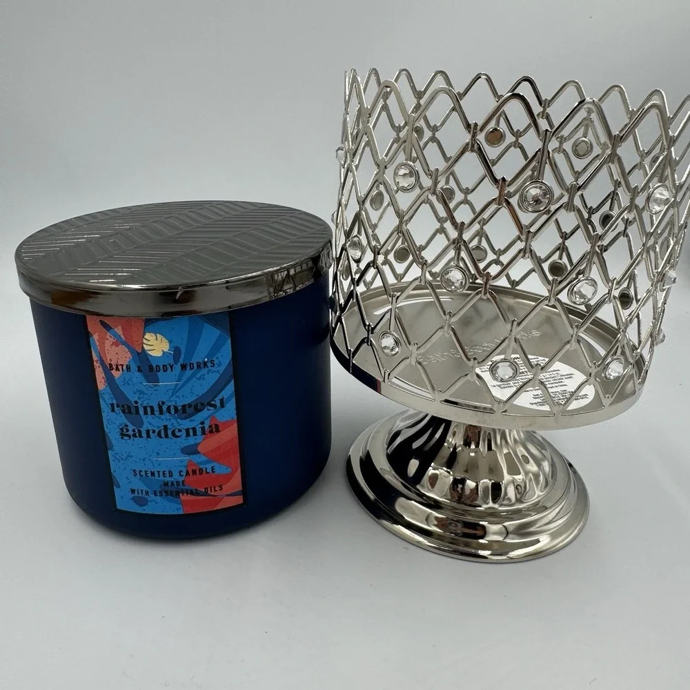Bath‎ & Body Works SILVER WIRED GEMS PEDESTAL 3-Wick Candle Rainforest Gardenia